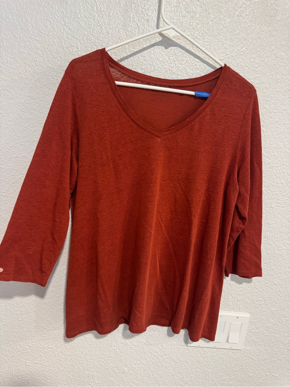 Eileen Fisher Rust Red V-Neck Long Sleeve Tee, linen